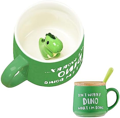 BigNoseDeer Cute Dinosaur Mug Ceramic Coffee Mug with 3D Cartoon Dino Inside,Funny Mugs with lid Spoon,White Elephant Gifts for Adults,Gag Gifts for Women Animal Gift Cute Stuff Cool Stuff