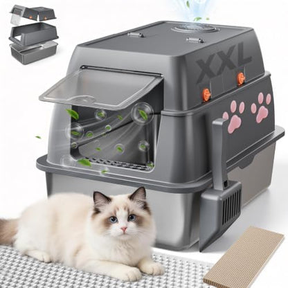 GTPLAYER XXL Stainless Steel Cat Litter Box with Lid, High Sided Enclosed Cat Litter Box, Activated Carbon Odor Control, Extra Large Metal Litter Box, Anti-Leak, with Mat, Scoop & Stickers, Gray