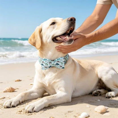Lionheart glory Dog Collar with Bow Tie, Cute Blue Dinosaur Print Dog Collar, Sturdy Adjustable Summer Pet Collars for Large Dogs Male/Female Puppy