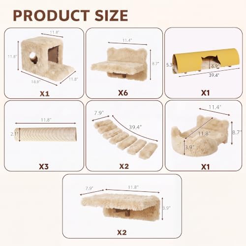 Cat Wall Furniture, 16 in 1 Cat Shelves w/Tunnel & Bridge, Beige
