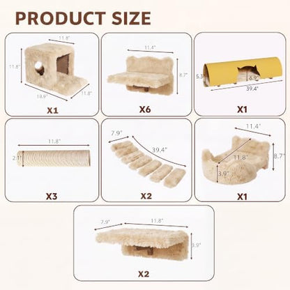 Cat Wall Furniture, 16 in 1 Cat Shelves w/Tunnel & Bridge, Beige