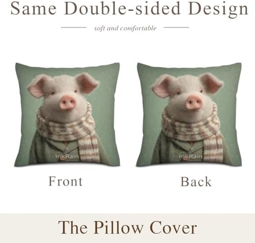 InkRain Winter Animal Cute Pig Pillow Cover 12x12 Inch Set of 2 Home Decor Decorative Cotton Linen Illustration Pillowcases for Living Room House Sofa