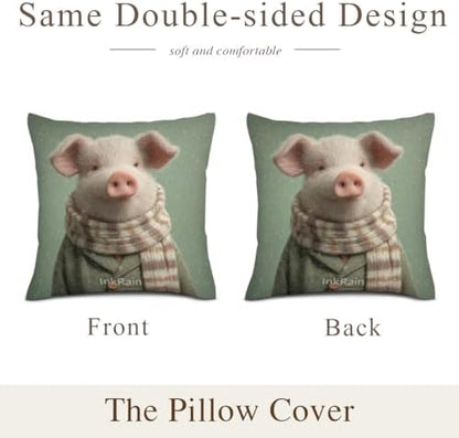 InkRain Winter Animal Cute Pig Pillow Cover 28x28 Inch Set of 2 Home Decor Decorative Cotton Linen Illustration Pillowcases for Living Room House Sofa