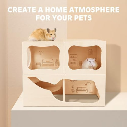 Hamster Hideout Wooden House,Hamsters Multi Chamber Hideout,Small Animal Habitat for Clear Observation,Hamster Toys for Dwarf Hamstersm,Gerbils, Hedgehogs, Rats, Mice