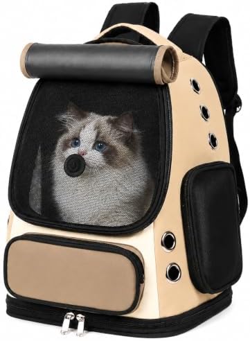 Cat Backpack Carrier, TSA Airline Approved Pet Travel Bag for Small Medium Dogs, Ventilated Hiking Camping Backpack for Cats, Kitten and Puppy up to 18 lbs, Khaki Mesh