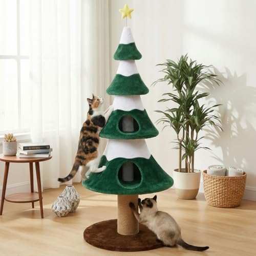62" Cat Tower for Indoor Cats, Multi-Level Wooden Cat Tree with Sisal Scratching Posts, Cozy Cat Beds & Modern Holiday Design, Green