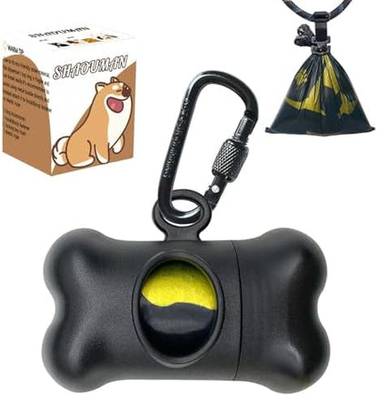 Bone-Shaped Dog Poop Bag Holder for Leash |Dispenser with 15 Leak-Resistant Waste Bags & Carabiner Clip（Black）