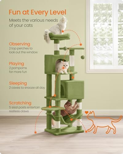 Feandrea Cat Tree, 59.5-Inch Tall Cat Tower, Multi-Level Condo, Grass Green