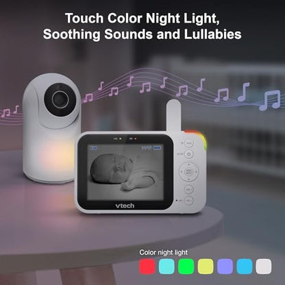 VTech Video Baby Monitor with Camera and Audio, 3.5" LCD Screen, Pan-Tilt-Zoom, 2-Way Talk, VOX Mode, Night Light, Lullabies, Soothing Sounds, Temperature Sensor, Long Range, No WiFi: VM4263 (White)