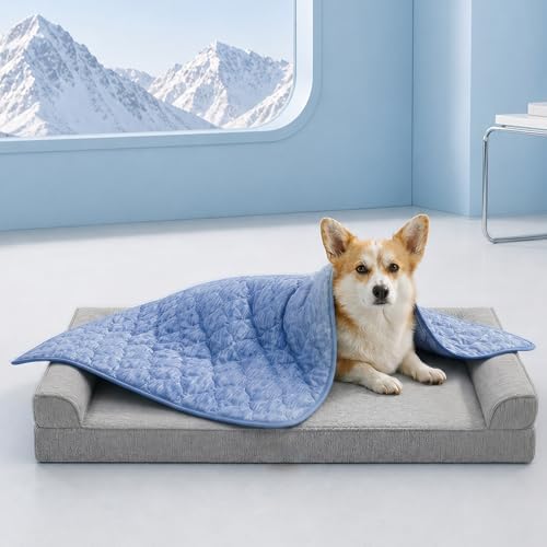 Cozy Bliss Deluxe Leakproof Cooling Blanket for Medium Dogs Q-Max 0.5, Soft & Durable Washable Pet Cooling Mat for Hot Weather, Livingroom, Pet Throw & Couch Protector for Cats, Haze Blue, 30"x40"