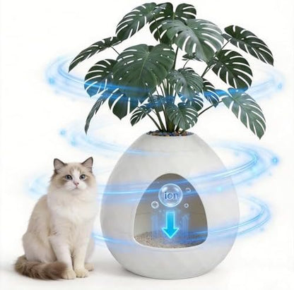 Plant Litter Box Egg-Shaped, Small Hidden Cat Litter Box Enclosure with Two Interchangeable Top,for Living Room Corner-Easy Assembly