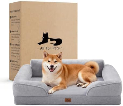 Orthopedic Dog Beds for Large Sized Dogs, Waterproof Egg-Crate Foam Pet Couch Bed with Soft Side, Non-Slip Dog Sofa with Flannel Removable Washable Cover, 35"L Supportive Pet Sofa, Light Grey