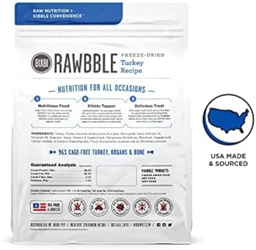 BIXBI Liberty Freeze-Dried Dog Food Topper & Treats, Turkey – 96% Meat & Organs, No Refrigeration – USA Made, 26 oz