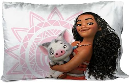 Jay Franco Disney Moana 2 Pack Reversible Pillowcases - Tropical Patchwork Double Sided Pillow Cover - Features Pua, Kids Super Soft Bedding