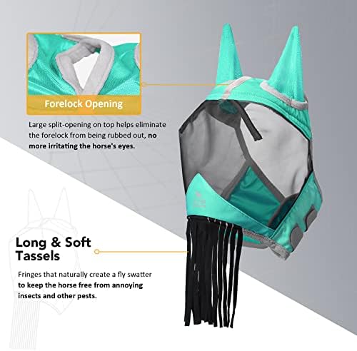 Harrison Howard CareMaster Horse Fly mask with Ears and Nose Fringe Fly Protector Defender Mask Summer Mint M