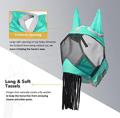 Harrison Howard CareMaster Horse Fly mask with Ears and Nose Fringe Fly Protector Defender Mask Summer Mint M