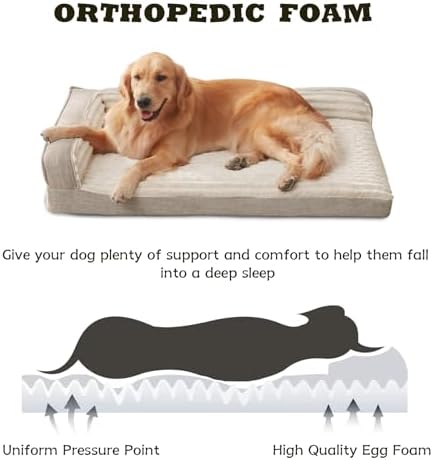 WINDRACING Orthopedic Dog Beds for Medium Dogs, Waterproof Egg Foam Dog Sofa Bed with L Bolster Sides, Washable Medium Pet Bed with Removable Cover & Non-Slip Bottom, 36 x 23 inch, Beige