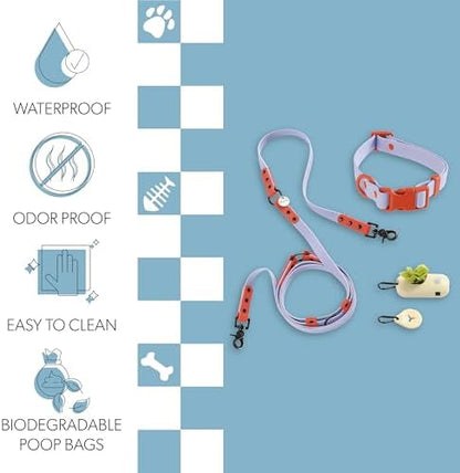 WLK1005E-5SET Luna Medium 8FT Adjustable 6-in-1 Waterproof Hands-Free Leash and Collar with LED Flashlight, Bag Dispenser, and Poop Bag Holder, Sangria