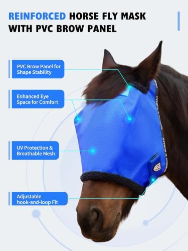 Harrison Howard Reinforced Horse Fly Mask with Mirror PVC Brow Support, Enhanced Eye Space, UV Protection Signature Blue S