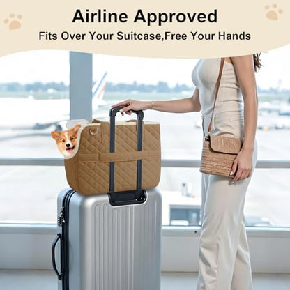 YooxArmor Dog Purse Carrier for Small Dogs & Cats, Foldable Soft Tote for 5-14lbs Pets, Large Pockets, Safety Leash & Removable Mat for Walking Shopping Outdoor, Khaki