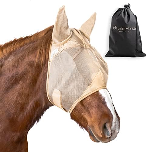 Charlie Horse Fly Masks for Horses with ears, Durable Stretch Horse Fly Mask with Ears, Comfortable Fly Mask for Horses, Equine Fly Mask Horse Eye Protector WITH Horse Supplies Storage Bag, (L) -Horse