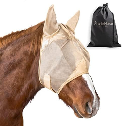Charlie Horse Fly Masks for Horses with ears, Durable Stretch Horse Fly Mask with Ears, Comfortable Fly Mask for Horses, Equine Fly Mask Horse Eye Protector WITH Horse Supplies Storage Bag, (L) -Horse