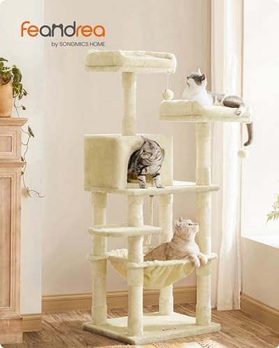 Feandrea Cat Tree, 55.8-Inch Large Cat Tower, Multi-Level Condo, Beige