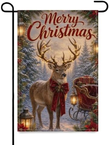 Christmas Reindeer Garden Flag 12x18 Inch Merry Holiday Deer Lighted Antlers Sleigh Gifts Lantern Snowy Forest Rustic Outdoor Yard Lawn Porch Double Sided Banner Welcome Decor