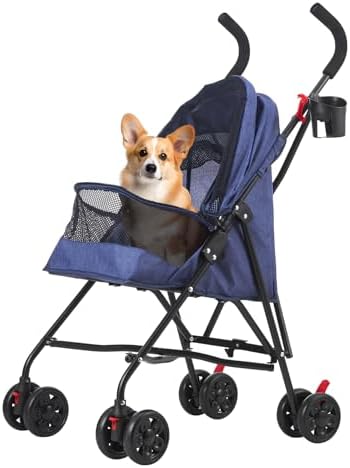 Pet Stroller Oxford Cloth Foldable Dog Strollers for Small Dogs and Cats Suitable for All Road Surfaces Wide-View Panoramic Window 4 Wheels with Brakes Portable Design, Easy to Store (Blue)