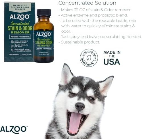 ALZOO Concentrated Pet Stain & Odor Remover Refill, Makes Up to 96 Fl Oz Cleaning Solution, Enzyme & Probiotic Formula, Refill Bottles for Dogs & Cats, 1.1 Fl Oz (Pack of 3)