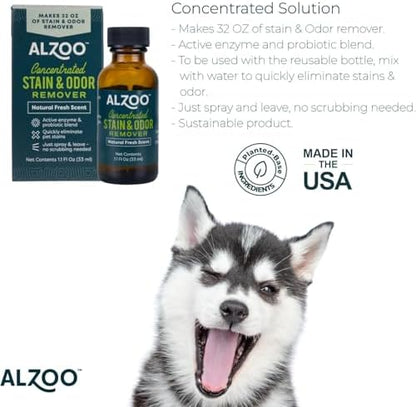 ALZOO Concentrated Pet Stain & Odor Remover Refill, Makes Up to 96 Fl Oz Cleaning Solution, Enzyme & Probiotic Formula, Refill Bottles for Dogs & Cats, 1.1 Fl Oz (Pack of 3)