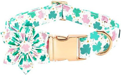 St Patrick's Day Dog Collar with Flower-Cute Trefoil Adjustable Pet Collar Cotton Clovers Puppy Collars Holiday Metal Buckle Collar for X-Small Dogs