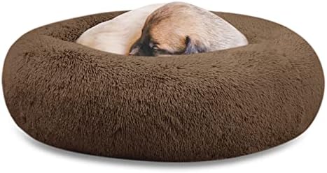 SAVFOX 20 inches Calming Donut Dog Bed - 3X Durable Plush Faux Fur, Machine Washable & Non-Slip, Fits up to 15 lbs, Brown