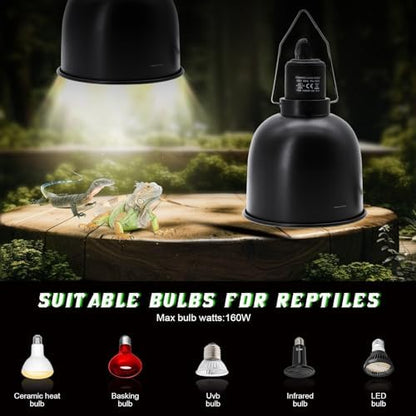 MECESOR Reptile Light Fixture with Dimming Switch and Timer, 5.5 Inch Deep Dome Reptile Heat Lamp Fixture, Reptile Lamp Fixture Cap for UVB Bulb Basking Heat Bulb for Reptile Glass Terrariums, 2PCS