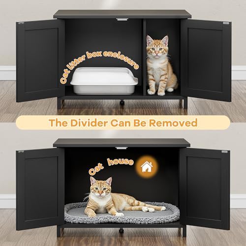 Shintenchi Cat Litter Box Enclosure, Litter Box Furniture Cabinet Hidden with Removable Divider, Wooden Cat House with End Table, Black, 31.5 inch