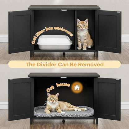 Shintenchi Cat Litter Box Enclosure, Litter Box Furniture Cabinet Hidden with Removable Divider, Wooden Cat House with End Table, Black, 31.5 inch