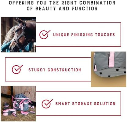 Weaver Equine Horse Grooming Kit, 7-Piece Horse Brush Set with Organizer Tote Bag, Hoof Pick, Comb, Sweat Scraper, Equine Tools for Daily Grooming, Gray/Pink