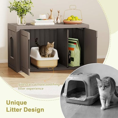Cat Litter Box Enclosure, Hidden Enclosed Litter Box Furniture with Adjustable Partition, Multi-Functional Outdoor Cat House, Side Table, Easy to Clean, Dark Grey