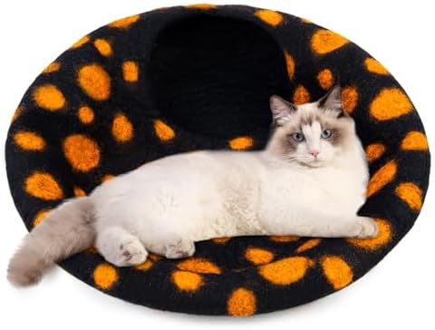 Woolygon Premium Felt Cat Cave Bed – Wool Kitty Beds Handcrafted Kitten Caves Bed for Indoor Cats - Made from Merino Wool, Foldable Cat Hideaway Covered Cat House Pod (Black Polka)