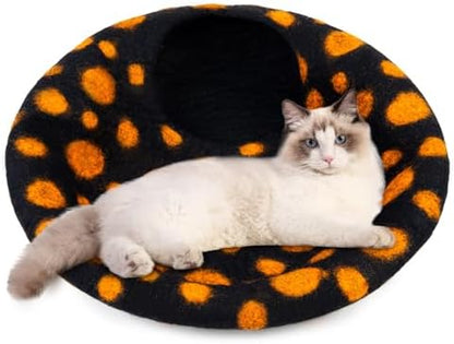 Woolygon Premium Felt Cat Cave Bed – Wool Kitty Beds Handcrafted Kitten Caves Bed for Indoor Cats - Made from Merino Wool, Foldable Cat Hideaway Covered Cat House Pod (Black Polka)