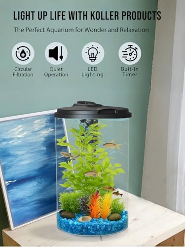 Koller Products AquaView 3-Gallon 360 Aquarium with LED Lighting (7 Color Choices) and Power Filter, 10.25 x 10.25 x 14.5