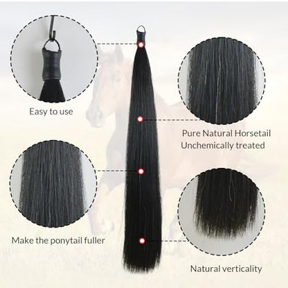 33.5 IN Long 1 LB Horse Tail Extension with Braided Horsehair Loop & Blunt Cut Bottom (Natural Black)