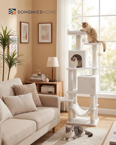 SONGMICS HOME Cat Tree for Indoor Cats, Multi-Level Cat Tower with Sisal Scratching Posts, Hammock and Condo, White