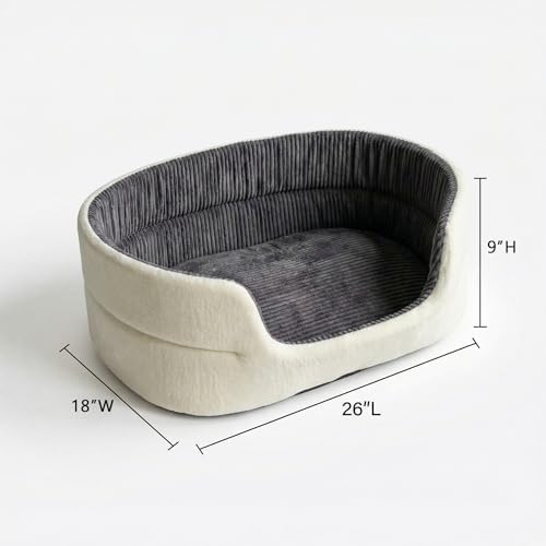 Medium Dog Bed Cat Bed 18x26 Inch, Calming Pet Bed for Dogs & Cats, Machine Washable Dog Bed，Half-Enclosed Open-Top Velvet Anti-Anxiety Bed, Cozy Snuggle Bed (White)
