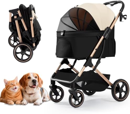 Pet Stroller for Small Medium Dogs and Cats, Lightweight Foldable Dog Stroller with Leashes,Spacious Storage, Cup Holder for Puppy Senior Pets Walking,Vet Visits(Khaki, Standard)