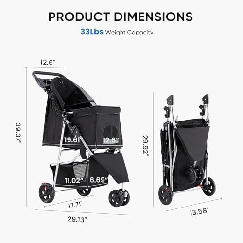 3 Wheel Pet Stroller for Dogs and Cats, Foldable Design