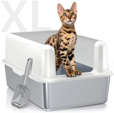 Stainless Steel Cat Litter Box, XL High Sided Open Top Pan with Scoop