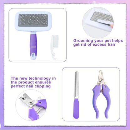 VCZONE 8 Pcs Small Animal Grooming Kit, Rabbit Grooming Kit with Pet Nail Clipper and File, Flea Comb, Pet Shampoo Bath Brush, Pet Shedding Slicker Brush, Bath Massage Glove, Cleaning Comb (Purple)