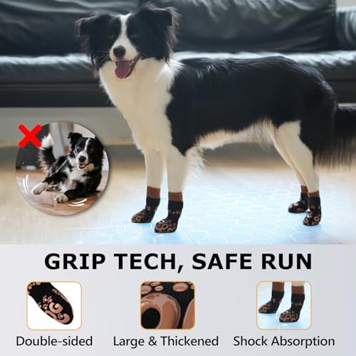 Socks for Dogs to Prevent Licking - Double Side Dog Booties for Hardwood Floors, Dog Booties and Paw Protectors, No Twist Dogs Socks for Hot Pavement, Black and Caramel, XXL