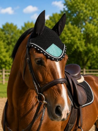 Horse Ear Bonnet for Horses – Handmade Crochet Fly Veil with Crystal Stones, Glitter Patch, Breathable Stretch Ears, Horse Fly Bonnet Ear Bonnet for Riding (Mint Green, Horse/Full)